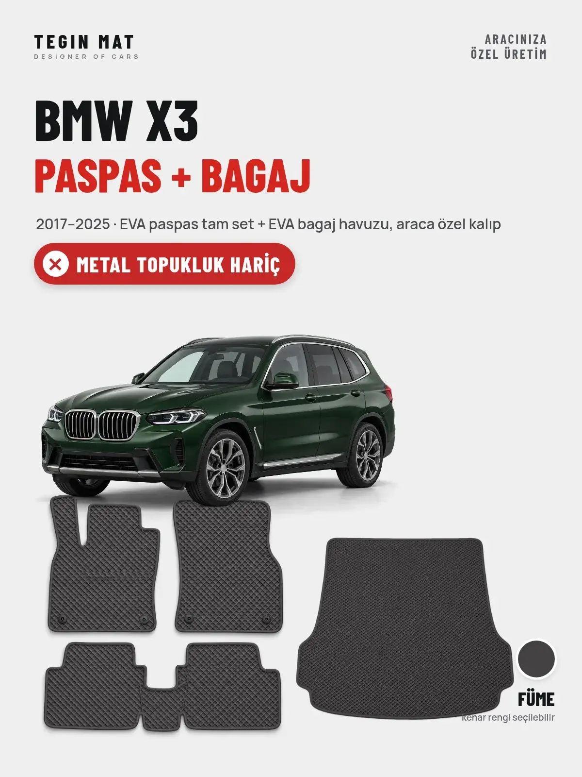 BMW X3 EVA Paspas + Bagaj Havuzu Seti (2017–2025) Füme – Metal Topukluk Hariç (1)