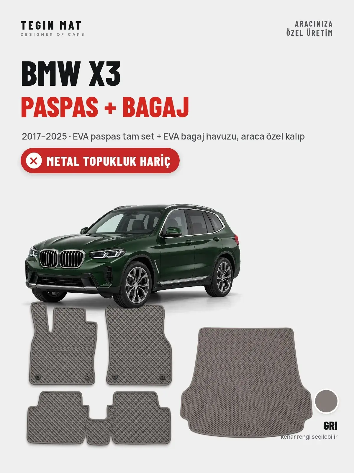 BMW X3 EVA Paspas + Bagaj Havuzu Seti (2017–2025) Gri – Metal Topukluk Hariç (1)