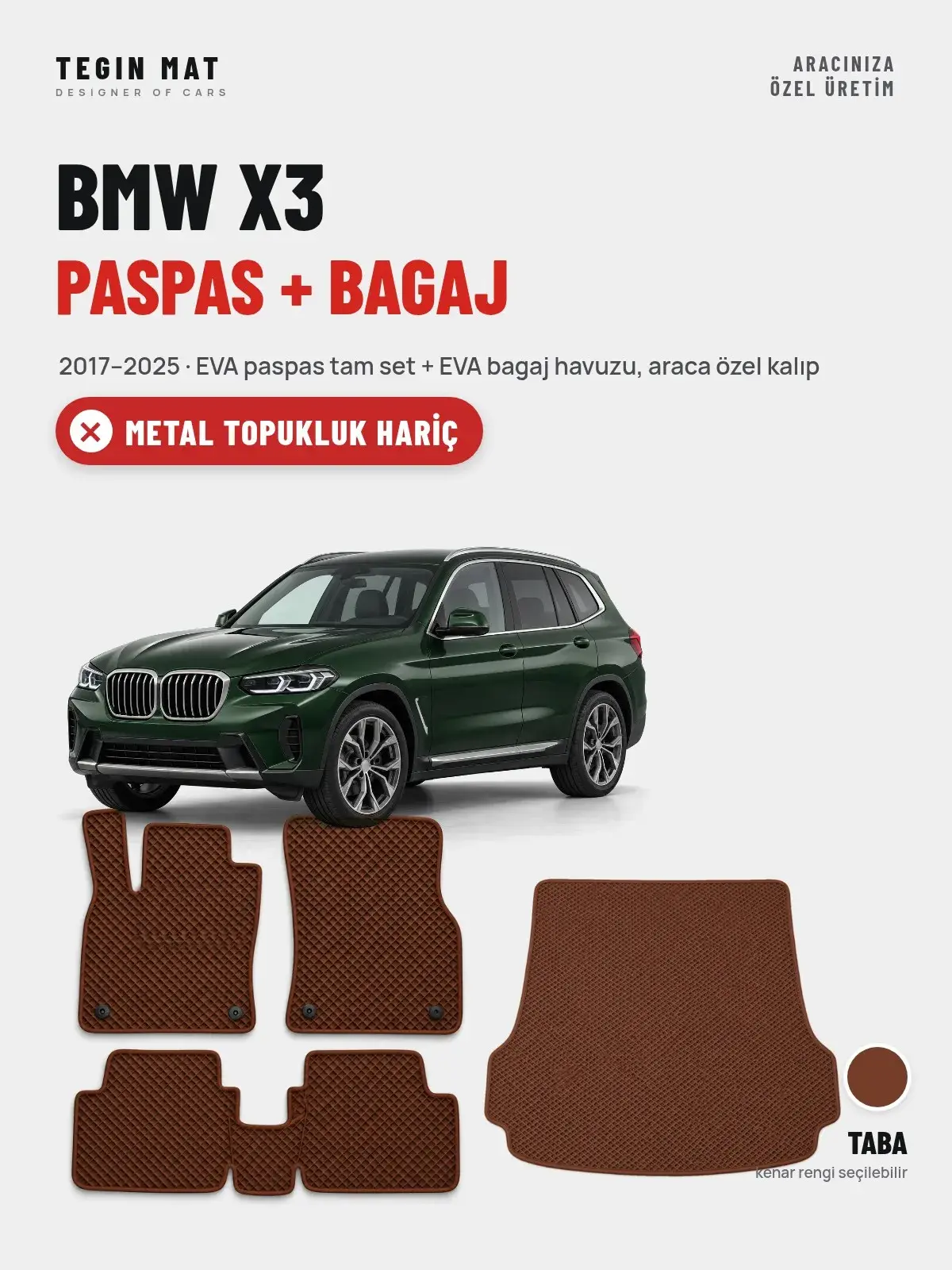 BMW X3 EVA Paspas + Bagaj Havuzu Seti (2017–2025) Taba – Metal Topukluk Hariç (1)