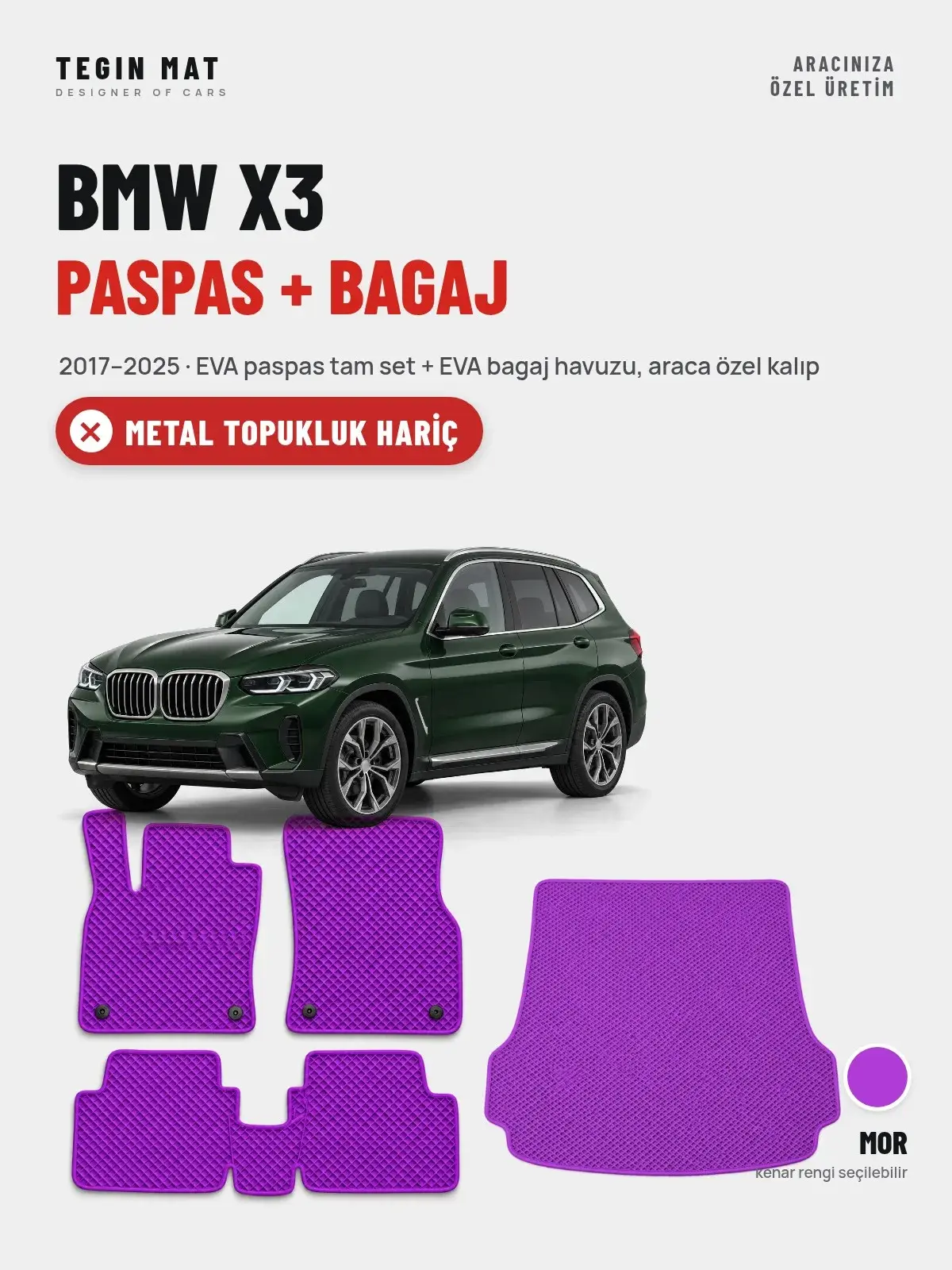 BMW X3 EVA Paspas + Bagaj Havuzu Seti (2017–2025) Mor – Metal Topukluk Hariç (1)