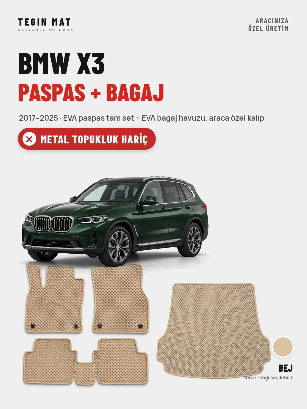 BMW X3 EVA Paspas + Bagaj Havuzu Seti (2017–2025) Bej – Metal Topukluk Hariç (1)