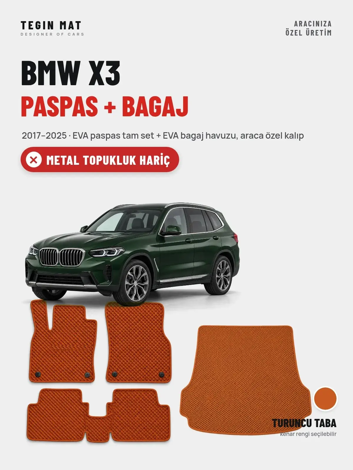 BMW X3 EVA Paspas + Bagaj Havuzu Seti (2017–2025) Turuncu Taba – Metal Topukluk Hariç (1)