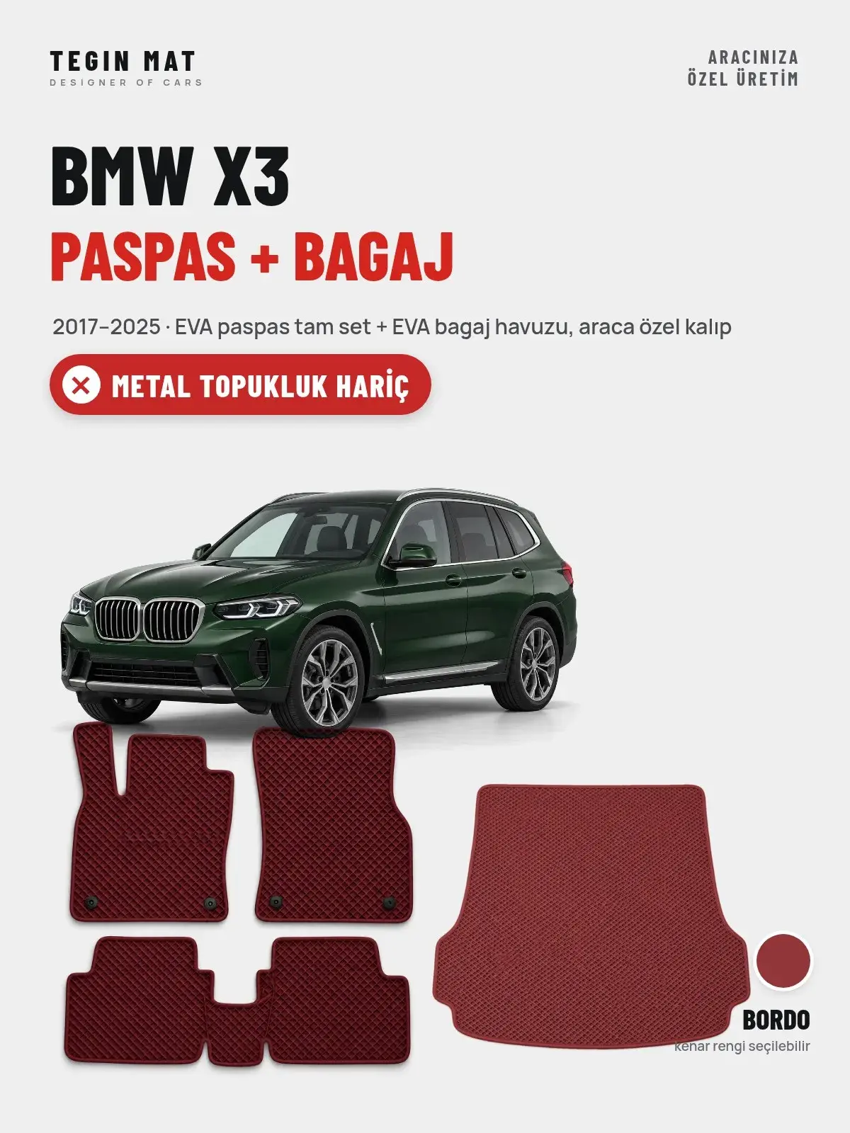 BMW X3 EVA Paspas + Bagaj Havuzu Seti (2017–2025) Bordo – Metal Topukluk Hariç (1)