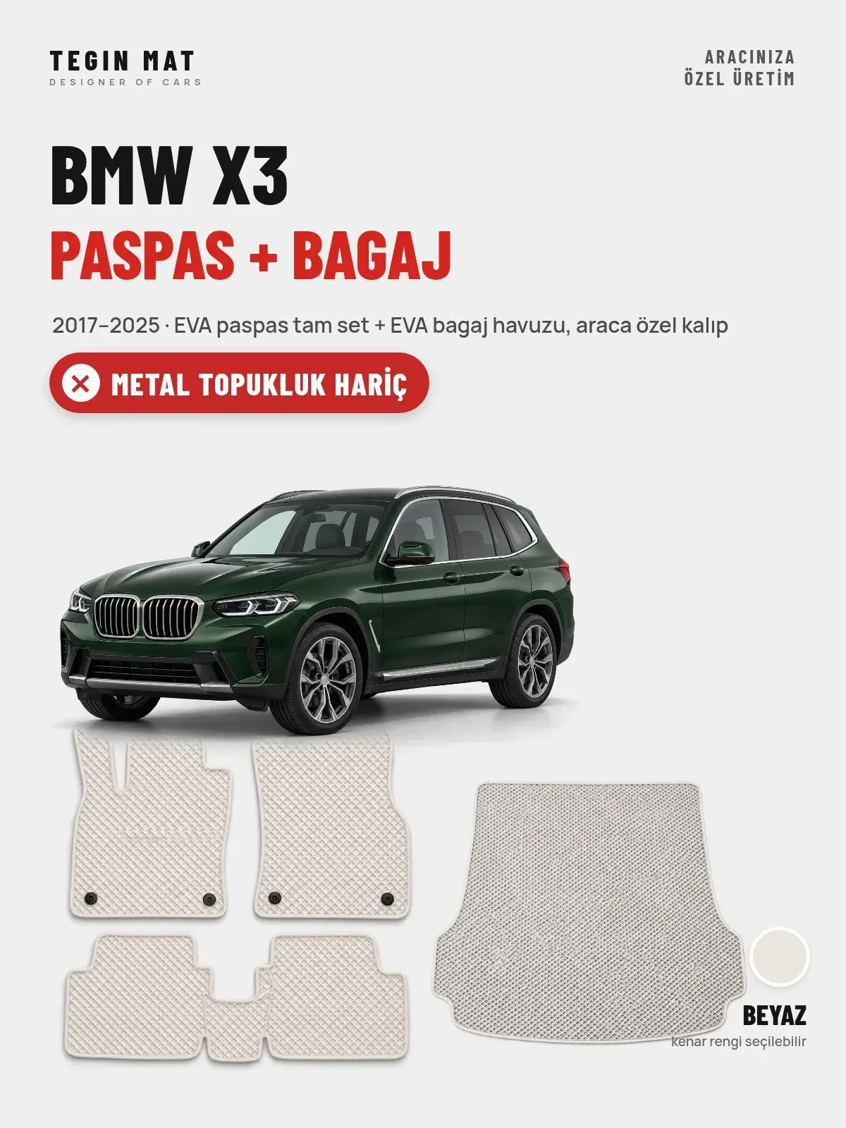 BMW X3 EVA Paspas + Bagaj Havuzu Seti (2017–2025) Beyaz – Metal Topukluk Hariç (1)