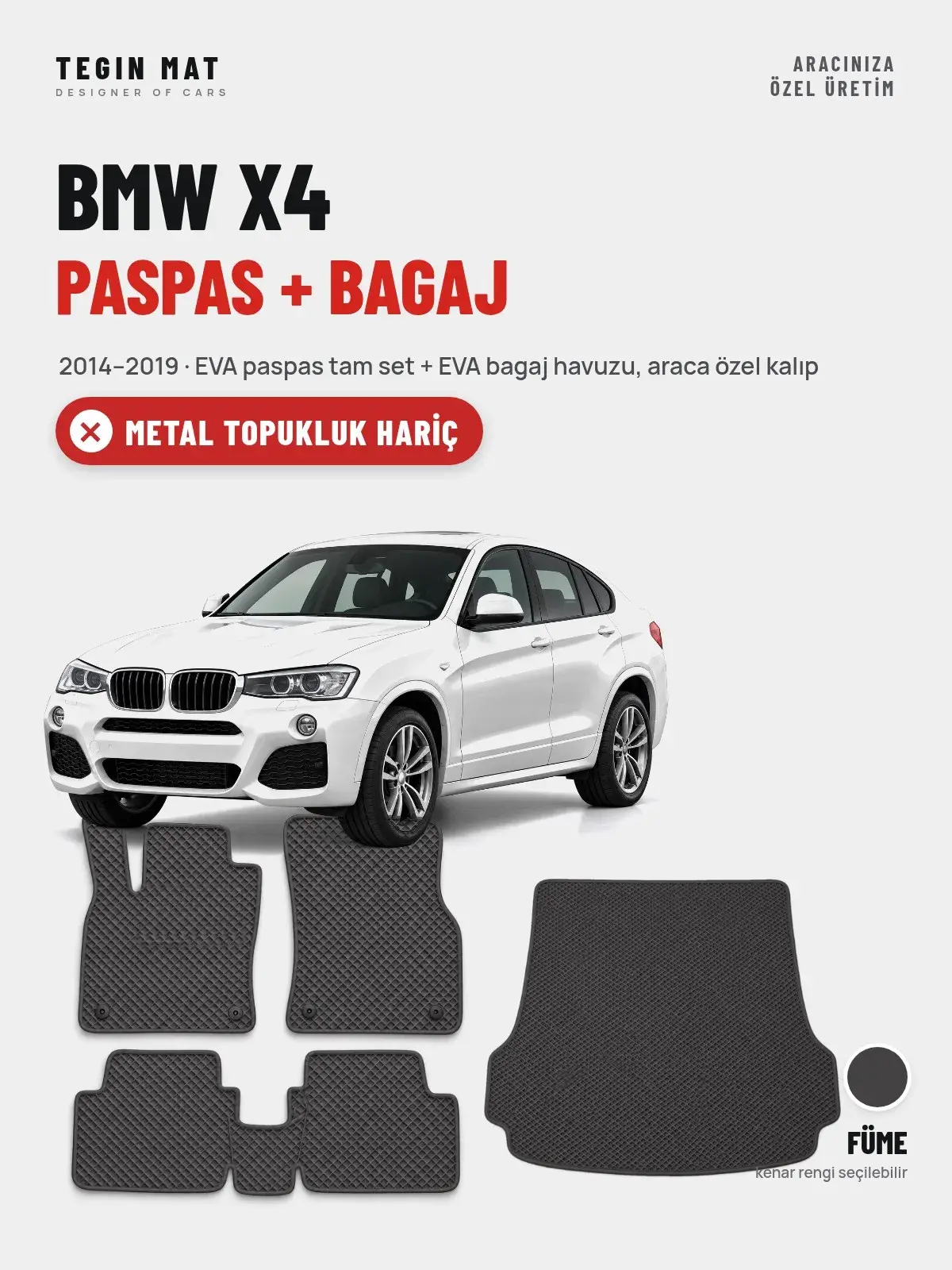 BMW X4 EVA Paspas + Bagaj Havuzu Seti (2014–2019) Füme – Metal Topukluk Hariç (1)