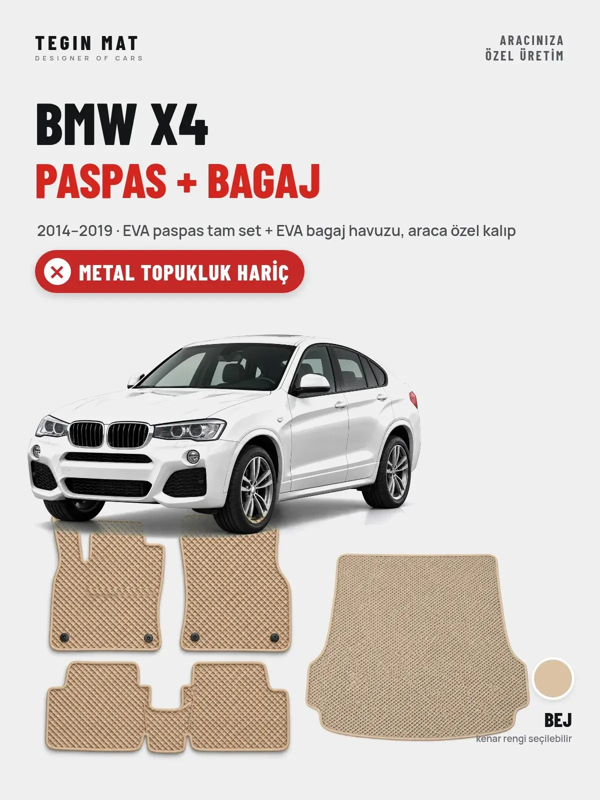 BMW X4 EVA Paspas + Bagaj Havuzu Seti (2014–2019) Bej – Metal Topukluk Hariç (1)