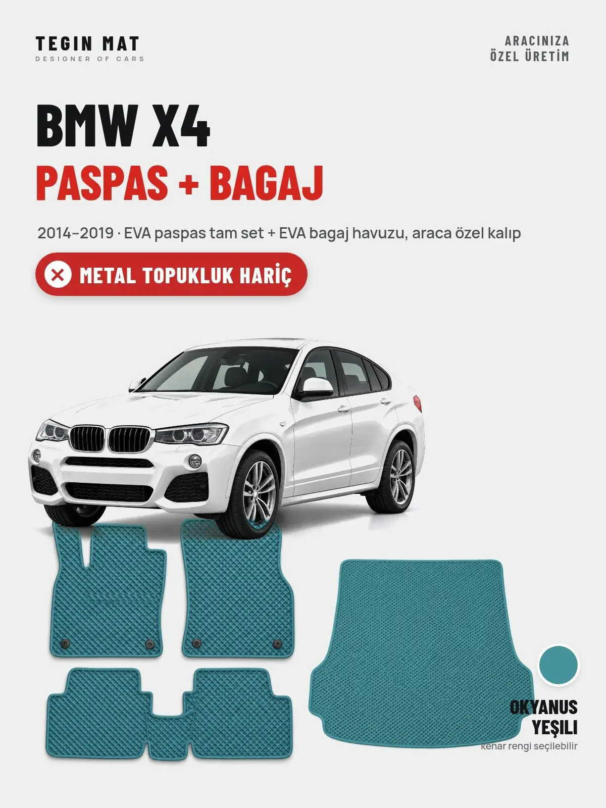 BMW X4 EVA Paspas + Bagaj Havuzu Seti (2014–2019) Okyanus Yeşili – Metal Topukluk Hariç (1)