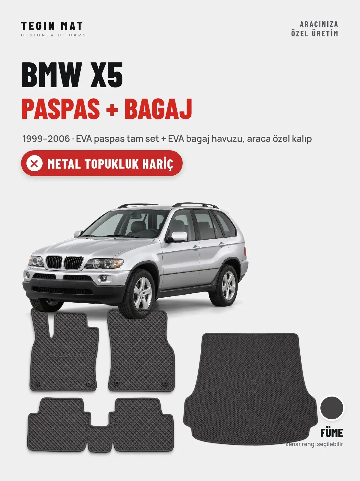 BMW X5 EVA Paspas + Bagaj Havuzu Seti (1999–2006) Füme – Metal Topukluk Hariç (1)