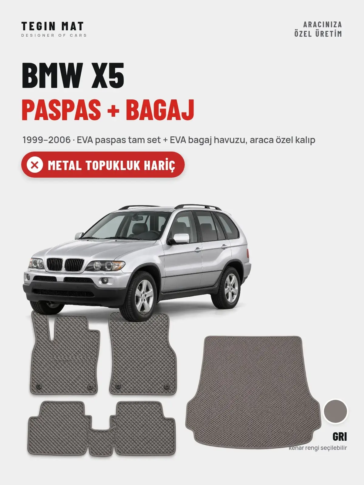 BMW X5 EVA Paspas + Bagaj Havuzu Seti (1999–2006) Gri – Metal Topukluk Hariç (1)