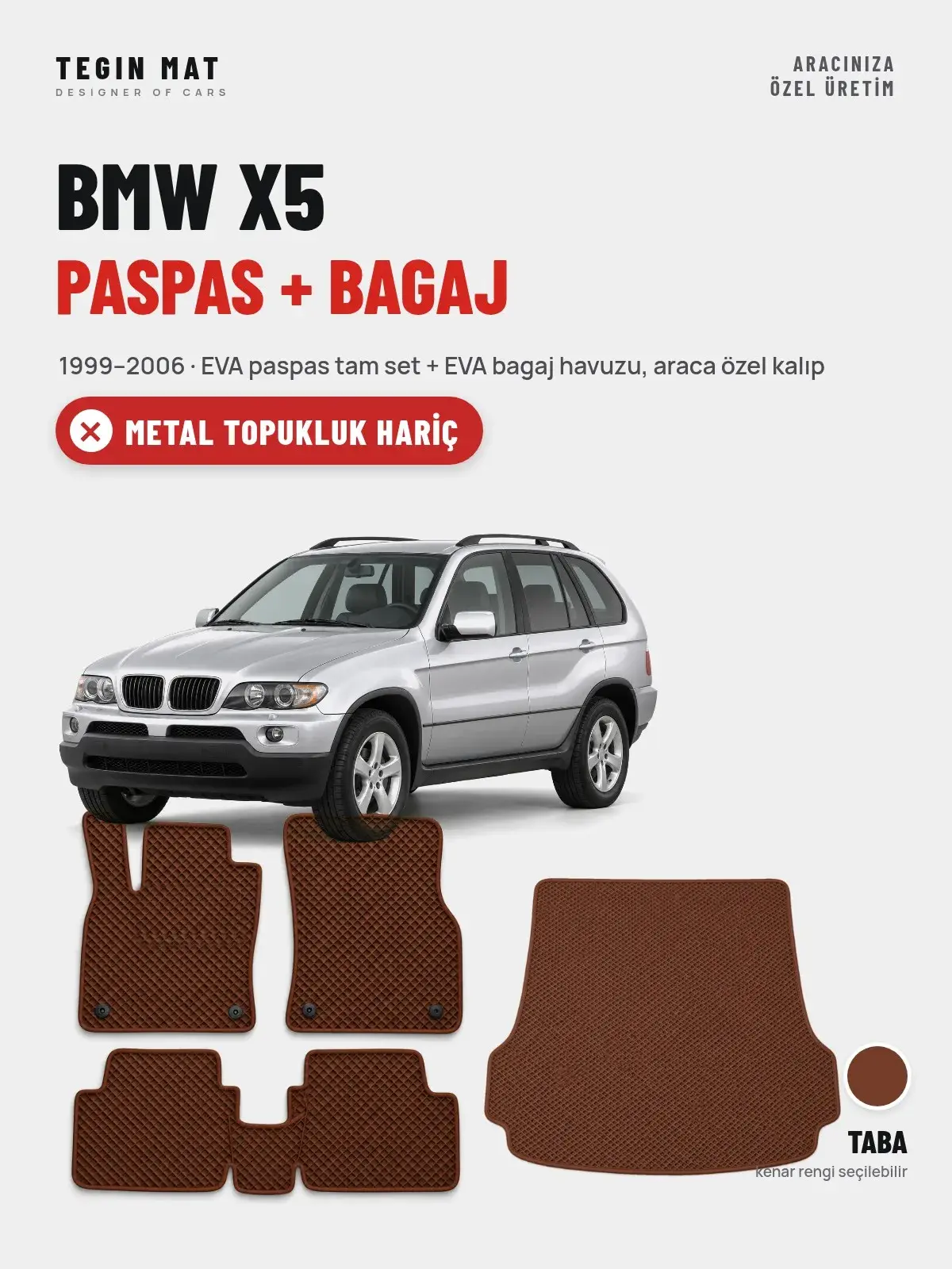 BMW X5 EVA Paspas + Bagaj Havuzu Seti (1999–2006) Taba – Metal Topukluk Hariç (1)