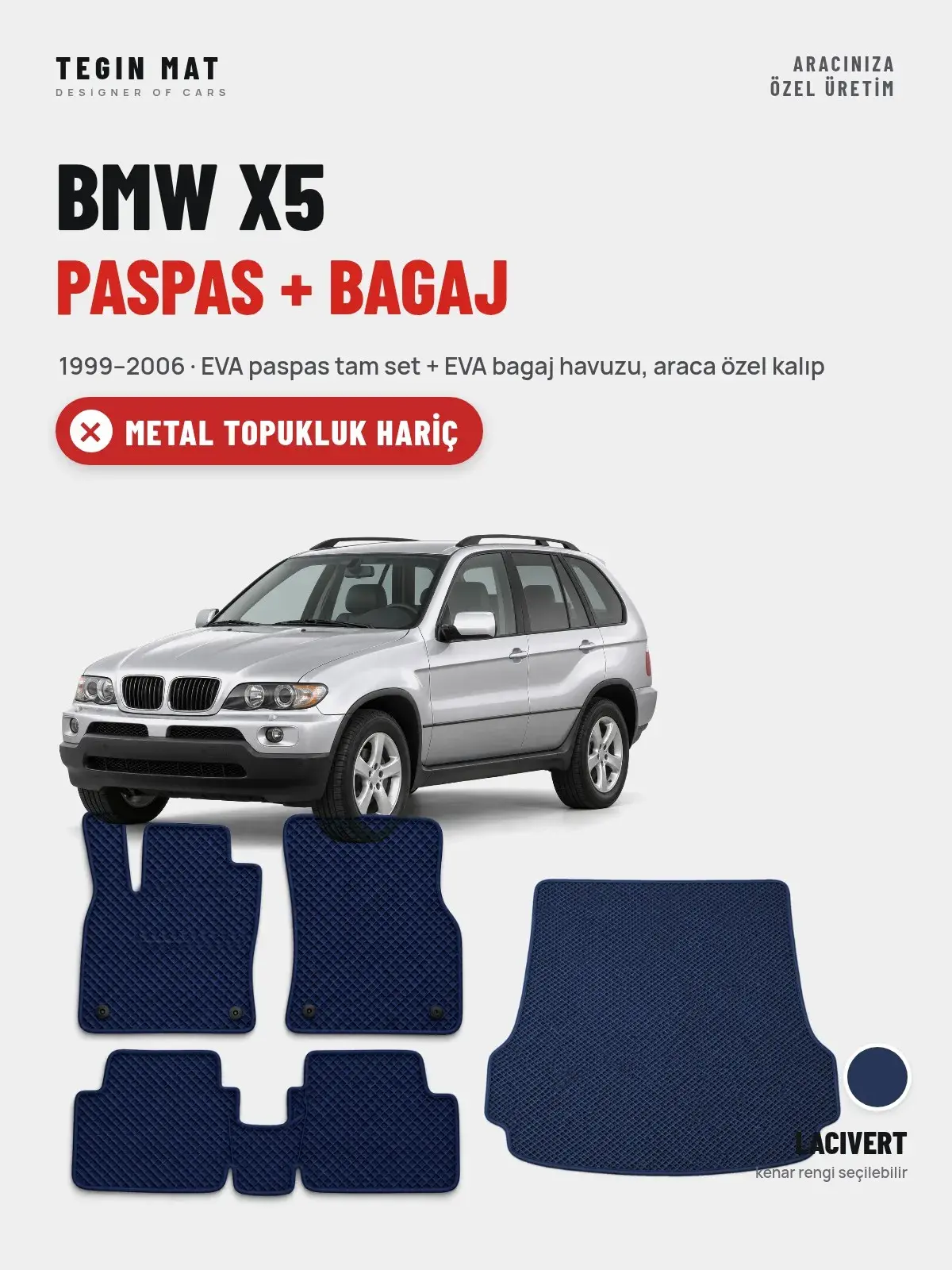 BMW X5 EVA Paspas + Bagaj Havuzu Seti (1999–2006) Lacivert – Metal Topukluk Hariç (1)