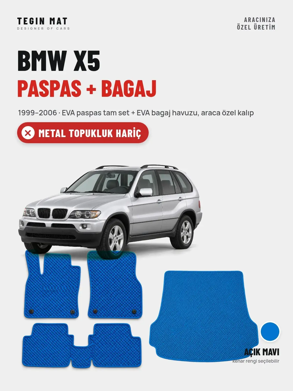 BMW X5 EVA Paspas + Bagaj Havuzu Seti (1999–2006) Açık Mavi – Metal Topukluk Hariç (1)