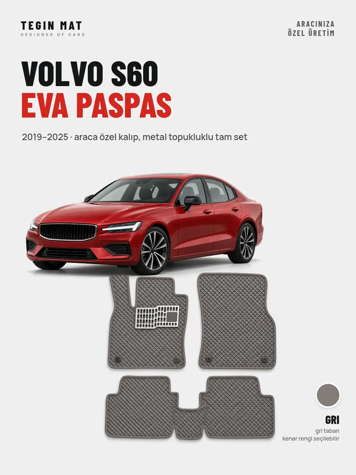 Volvo S60 EVA Oto Paspas Tam Set (2019–2025) Gri – Araca Özel Kalıp (1)