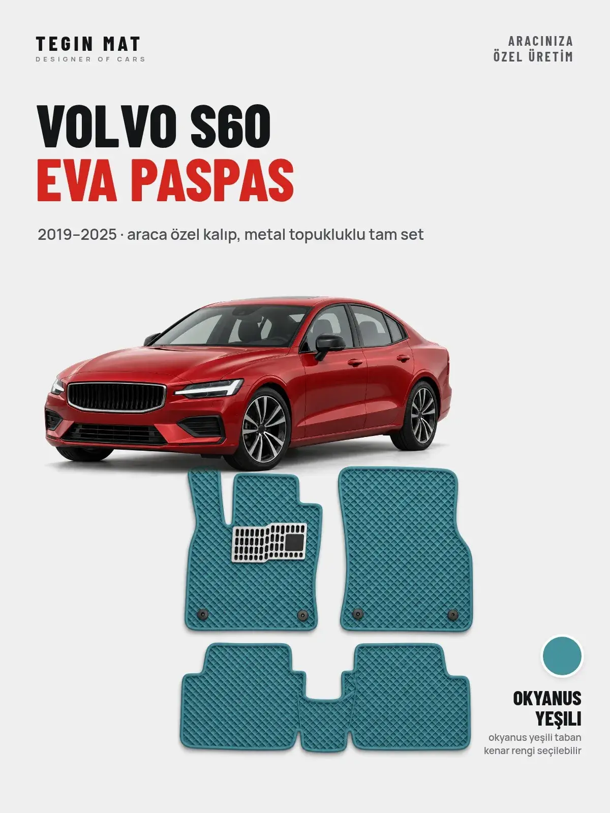 Volvo S60 EVA Oto Paspas Tam Set (2019–2025) Okyanus Yeşili – Araca Özel Kalıp (1)