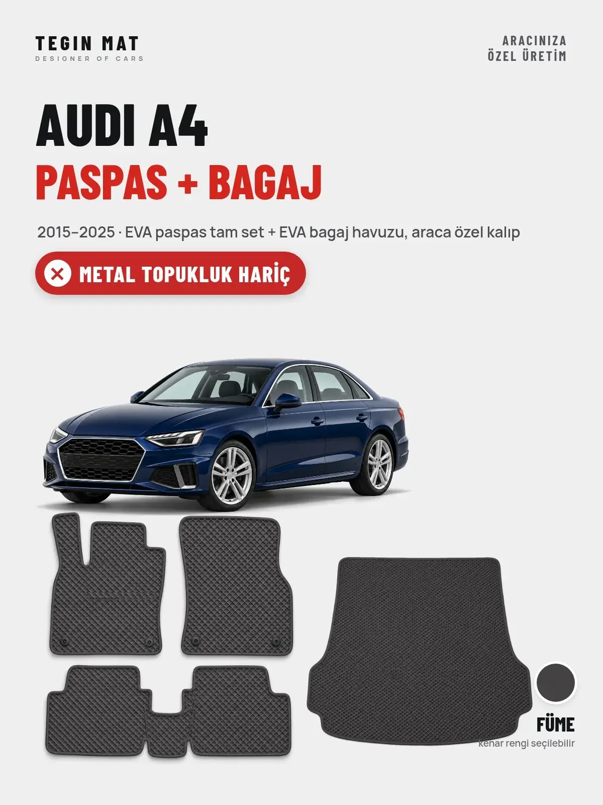Audi A4 EVA Paspas + Bagaj Havuzu Seti (2015–2025) Füme – Metal Topukluk Hariç (1)
