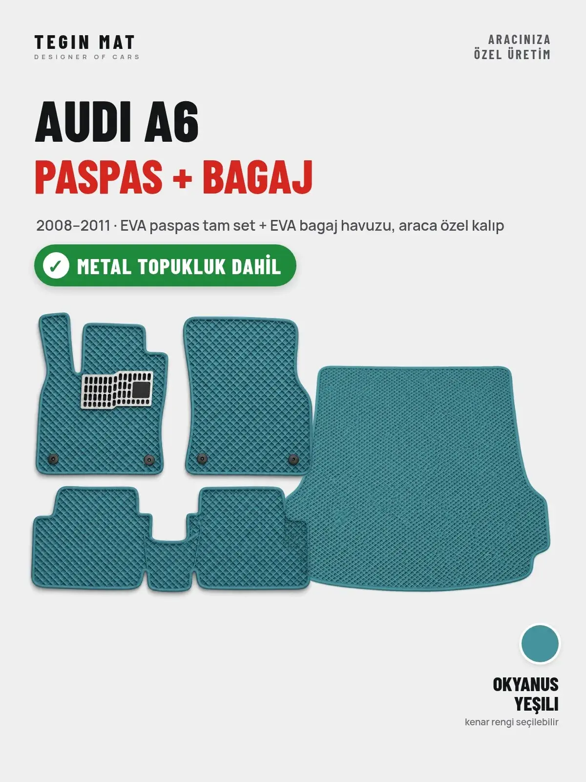 Audi A6 EVA Paspas + Bagaj Havuzu Seti (2008–2011) Okyanus Yeşili – Metal Topukluk Dahil (1)