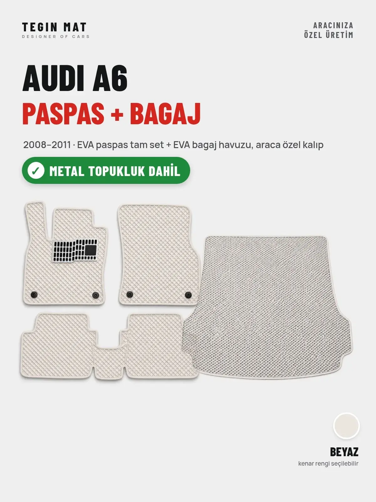 Audi A6 EVA Paspas + Bagaj Havuzu Seti (2008–2011) Beyaz – Metal Topukluk Dahil (1)