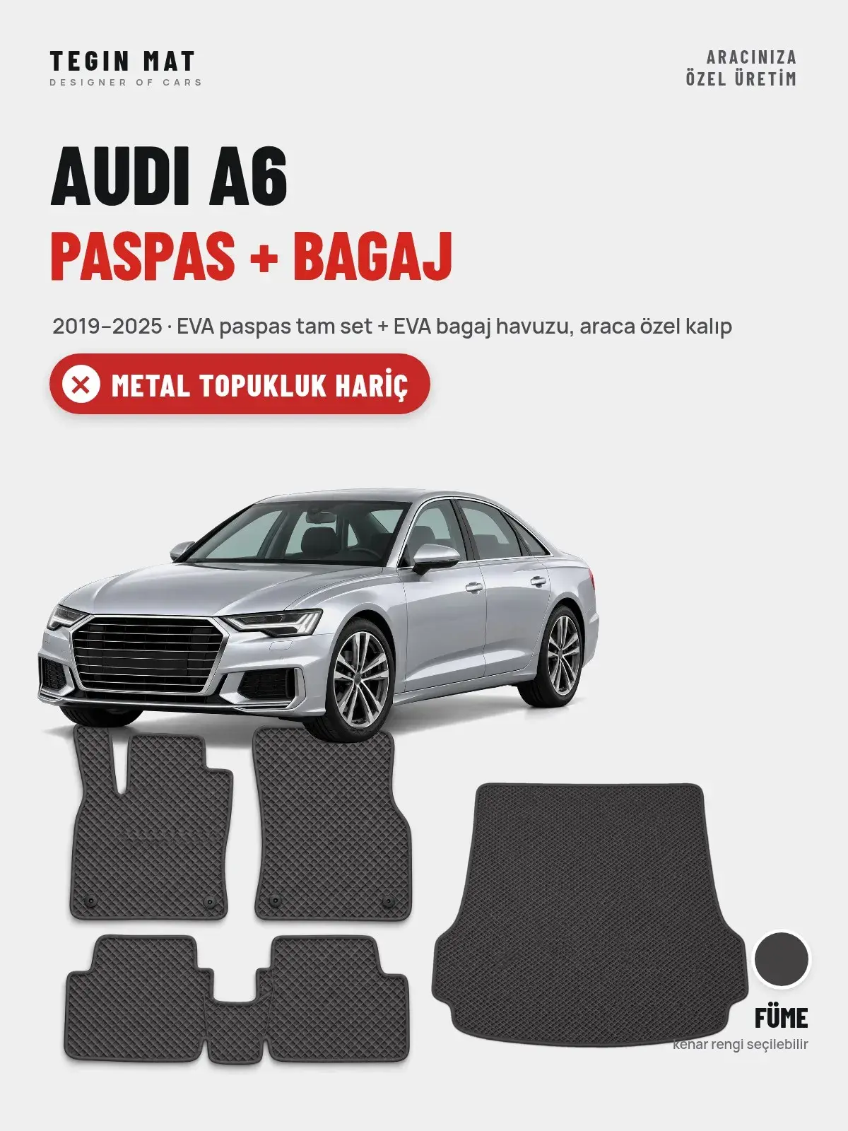 Audi A6 EVA Paspas + Bagaj Havuzu Seti (2019–2025) Füme – Metal Topukluk Hariç (1)