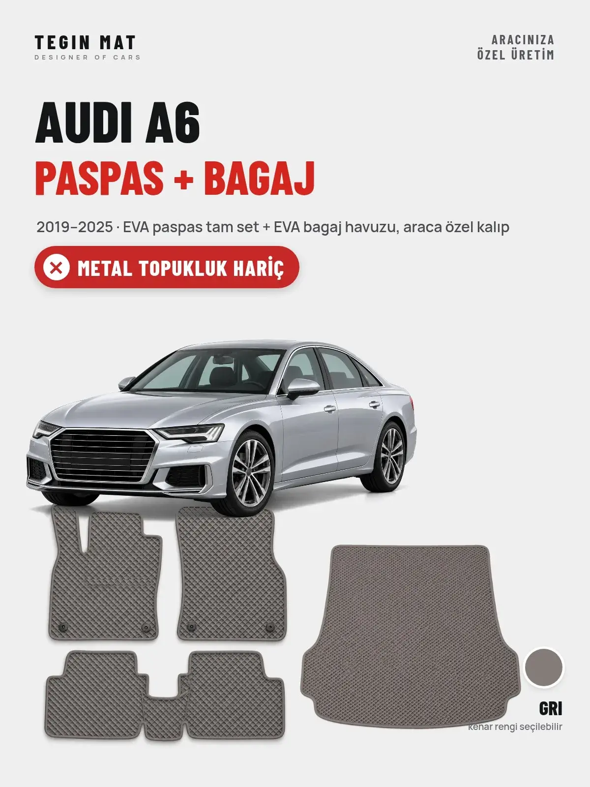 Audi A6 EVA Paspas + Bagaj Havuzu Seti (2019–2025) Gri – Metal Topukluk Hariç (1)