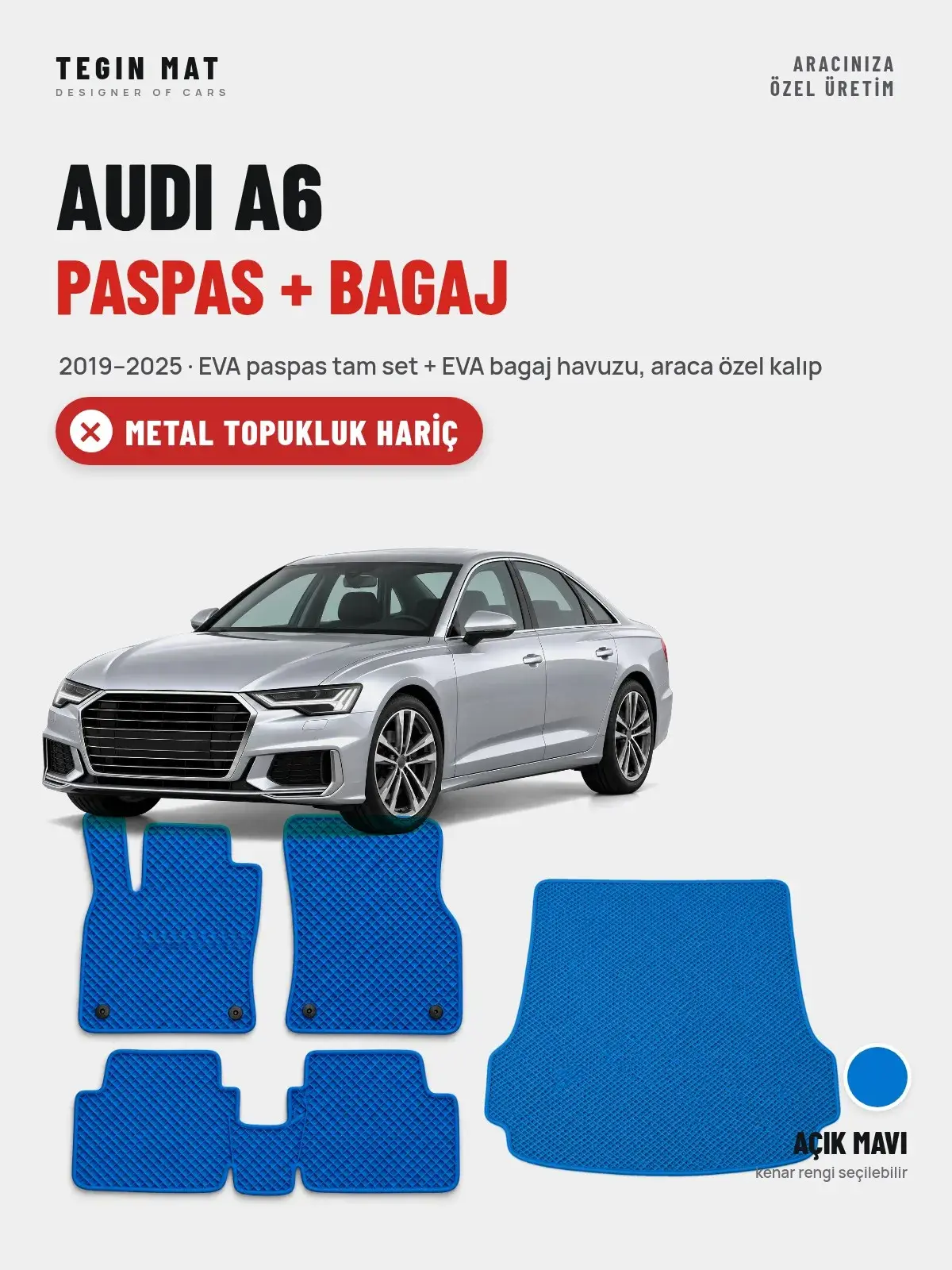 Audi A6 EVA Paspas + Bagaj Havuzu Seti (2019–2025) Açık Mavi – Metal Topukluk Hariç (1)