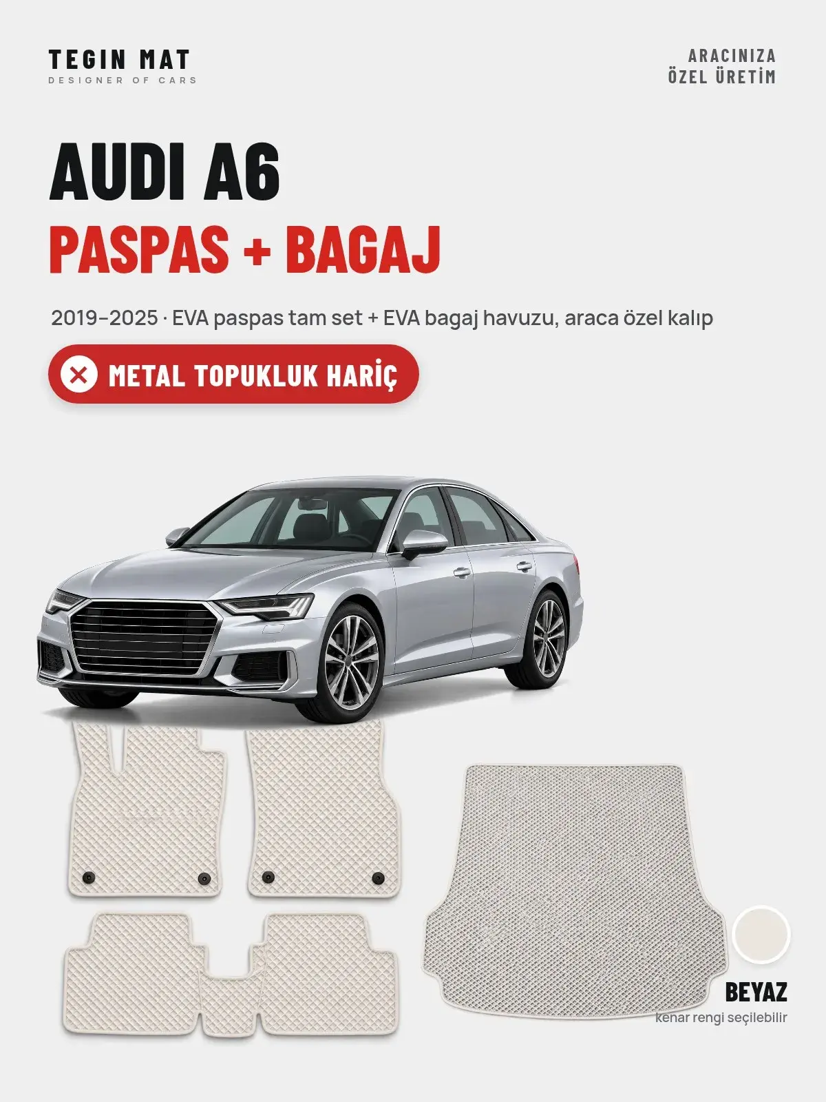 Audi A6 EVA Paspas + Bagaj Havuzu Seti (2019–2025) Beyaz – Metal Topukluk Hariç (1)