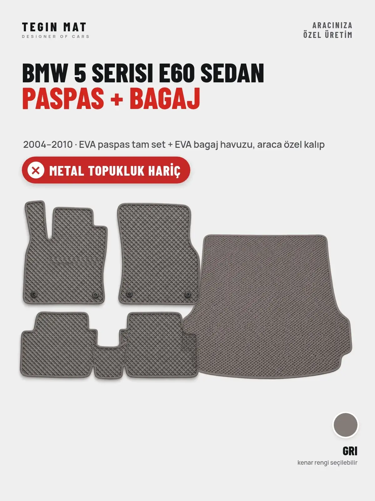 BMW 5 Serisi E60 Sedan EVA Paspas + Bagaj Havuzu Seti (2004–2010) Gri – Metal Topukluk Hariç (1)