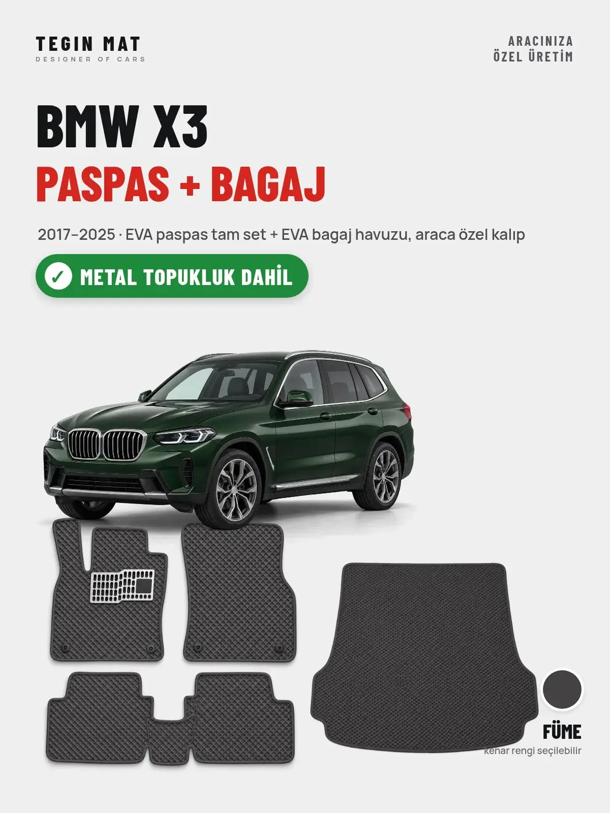 BMW X3 EVA Paspas + Bagaj Havuzu Seti (2017–2025) Füme – Metal Topukluk Dahil (1)