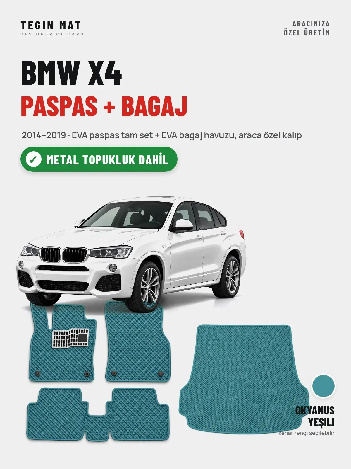 BMW X4 EVA Paspas + Bagaj Havuzu Seti (2014–2019) Okyanus Yeşili – Metal Topukluk Dahil (1)