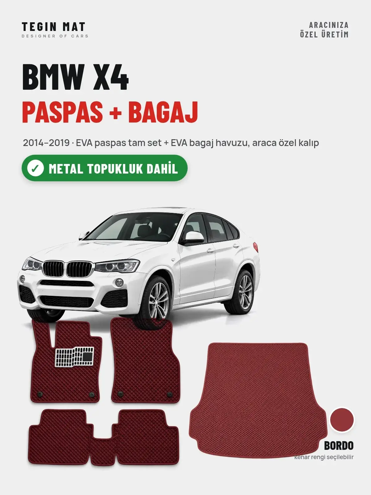 BMW X4 EVA Paspas + Bagaj Havuzu Seti (2014–2019) Bordo – Metal Topukluk Dahil (1)