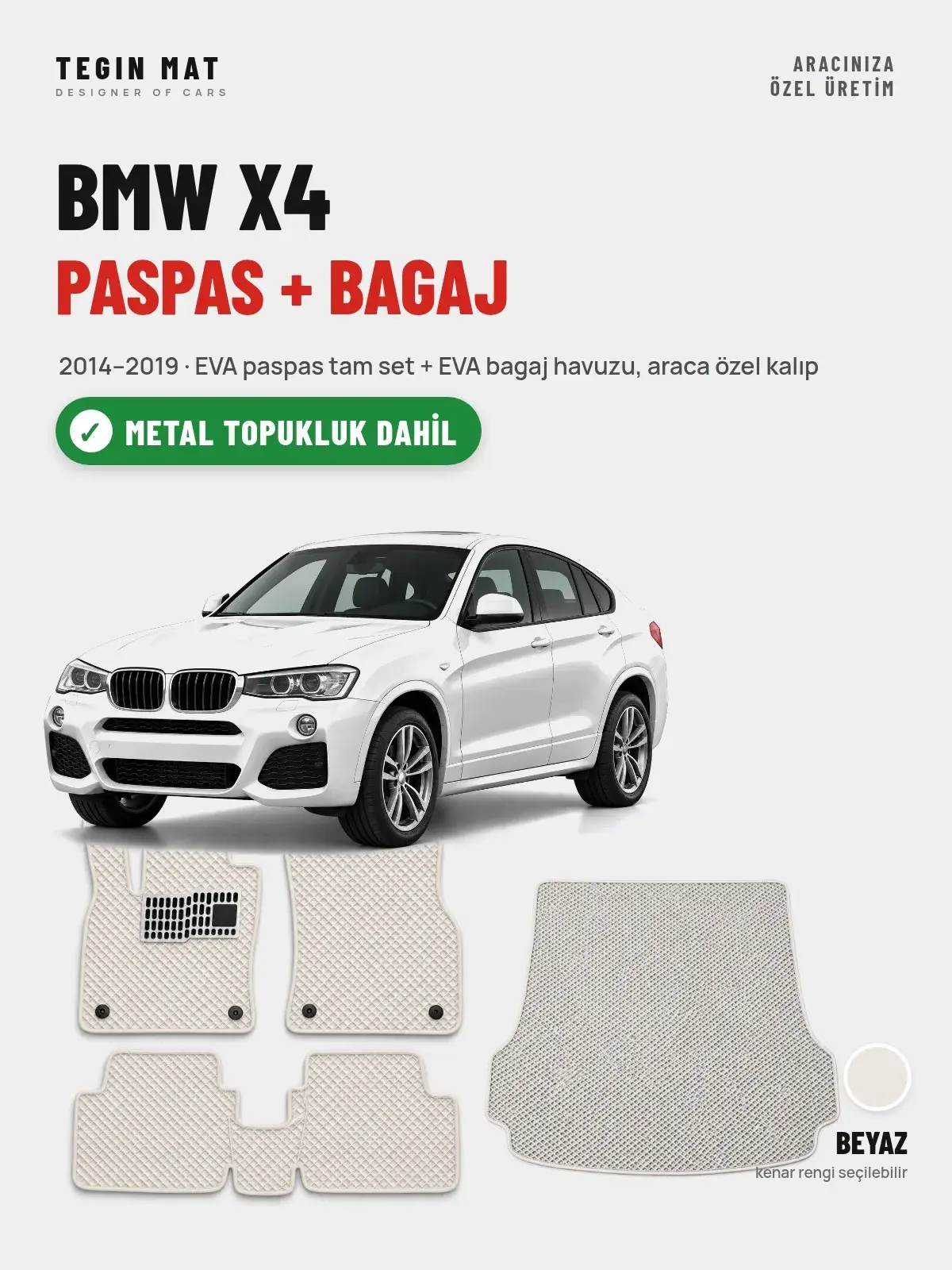 BMW X4 EVA Paspas + Bagaj Havuzu Seti (2014–2019) Beyaz – Metal Topukluk Dahil (1)