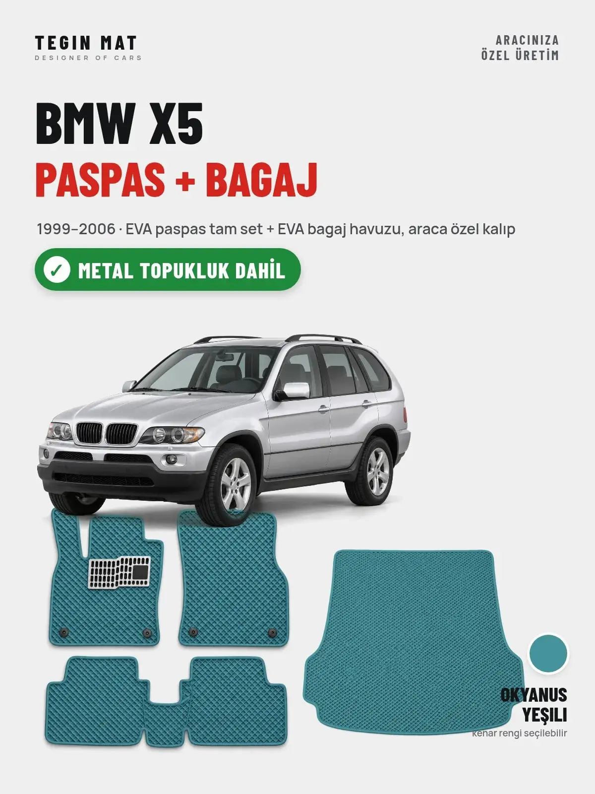 BMW X5 EVA Paspas + Bagaj Havuzu Seti (1999–2006) Okyanus Yeşili – Metal Topukluk Dahil (1)