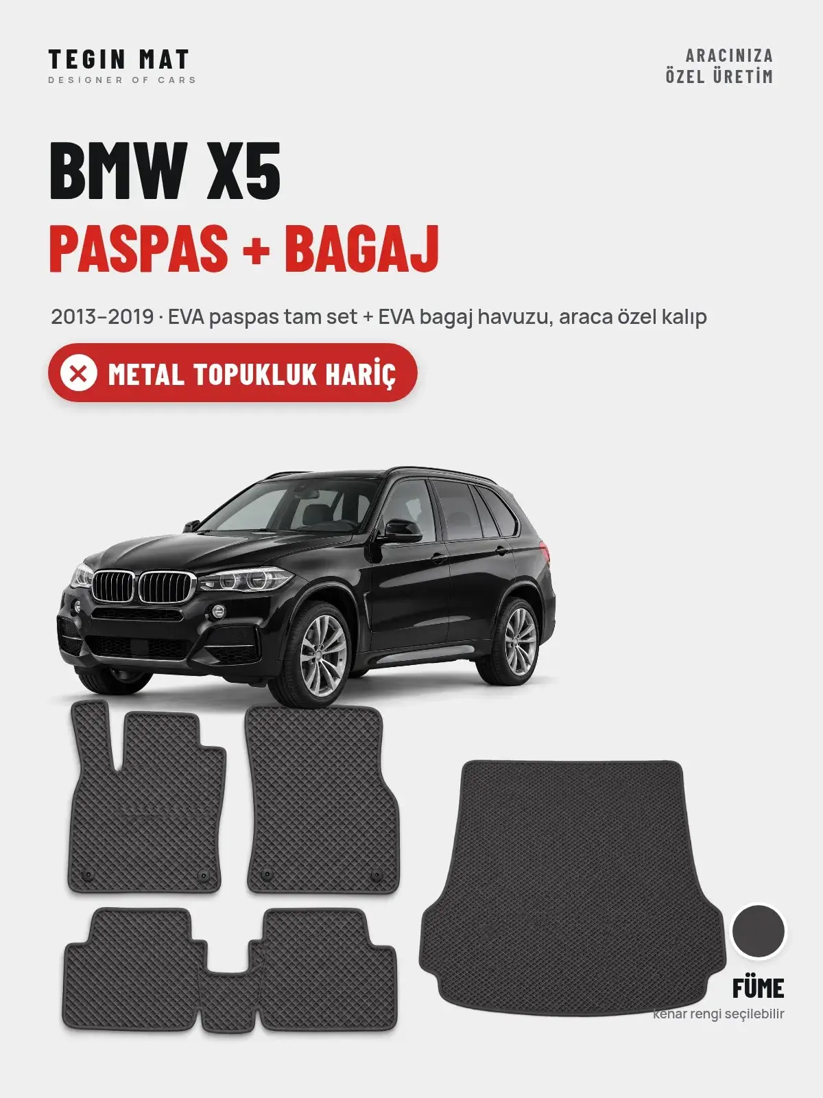 BMW X5 EVA Paspas + Bagaj Havuzu Seti (2013–2019) Füme – Metal Topukluk Hariç (1)