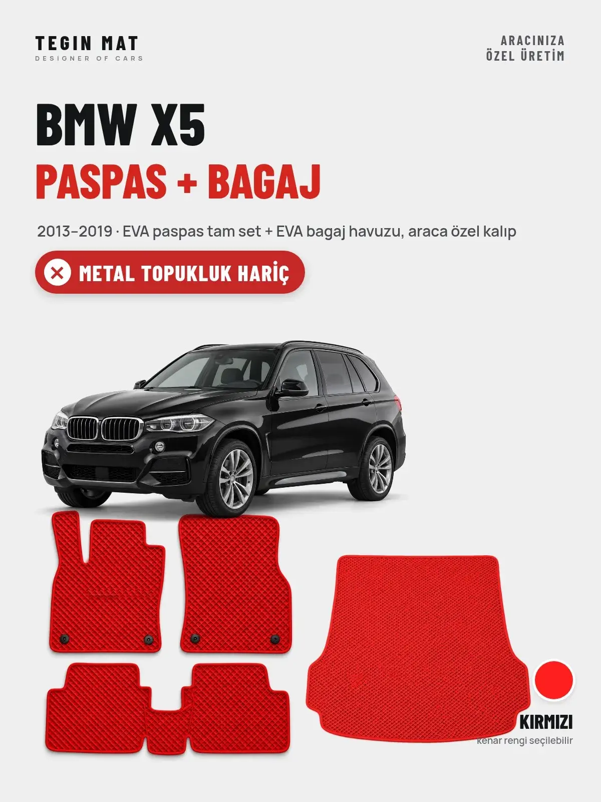 BMW X5 EVA Paspas + Bagaj Havuzu Seti (2013–2019) Kırmızı – Metal Topukluk Hariç (1)