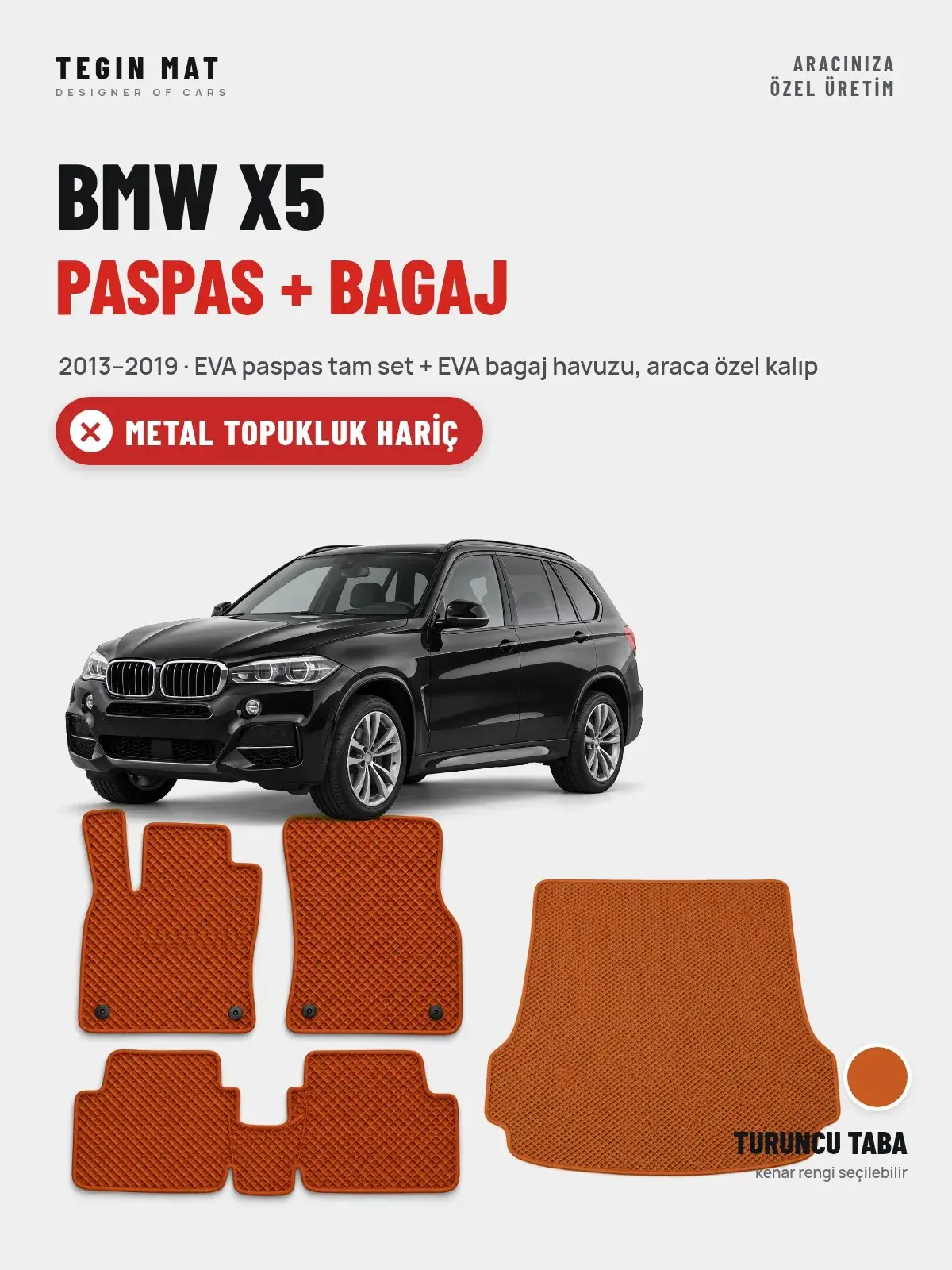 BMW X5 EVA Paspas + Bagaj Havuzu Seti (2013–2019) Turuncu Taba – Metal Topukluk Hariç (1)