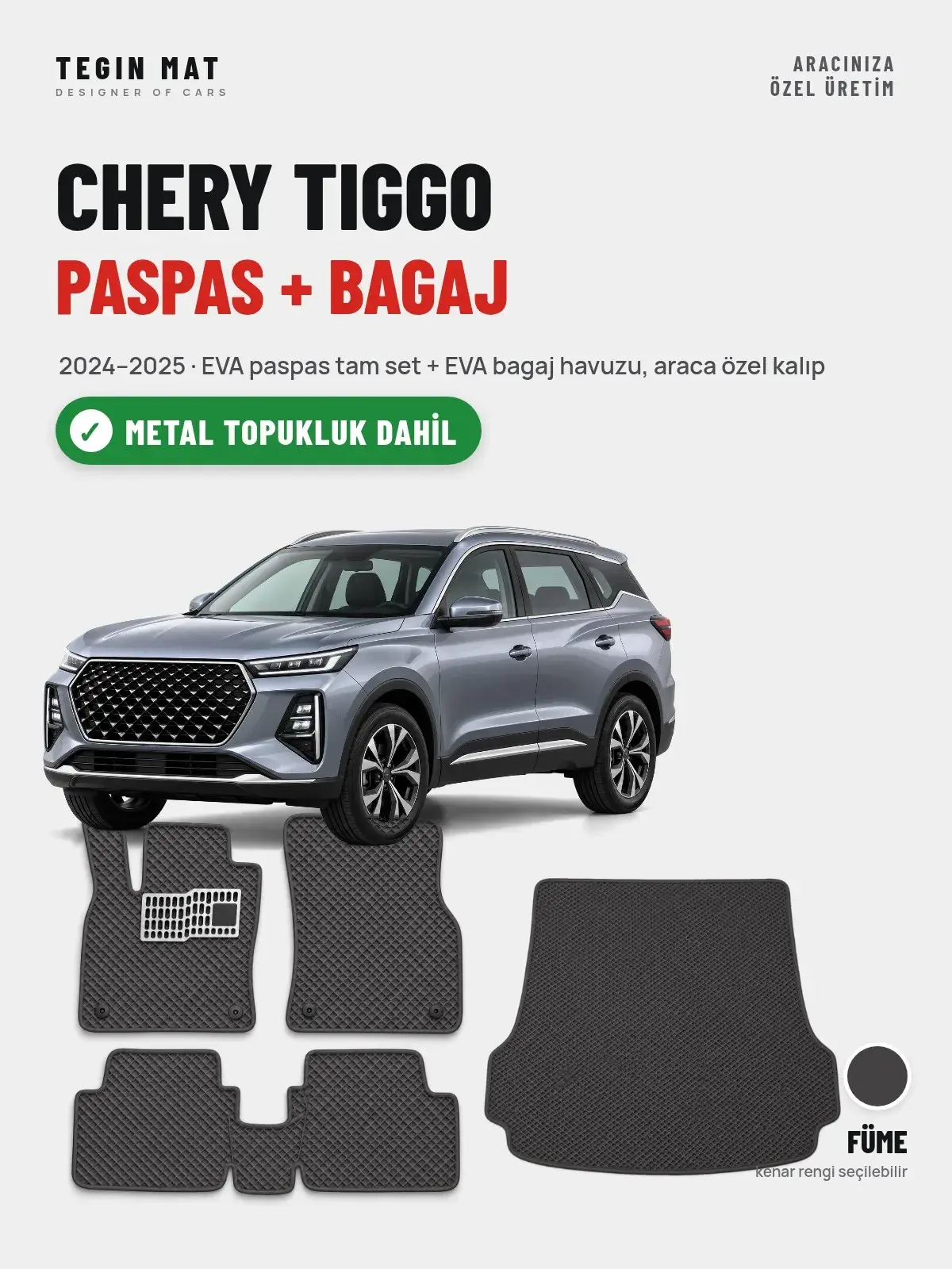 Chery Tiggo EVA Paspas + Bagaj Havuzu Seti (2024–2025) Füme – Metal Topukluk Dahil (1)