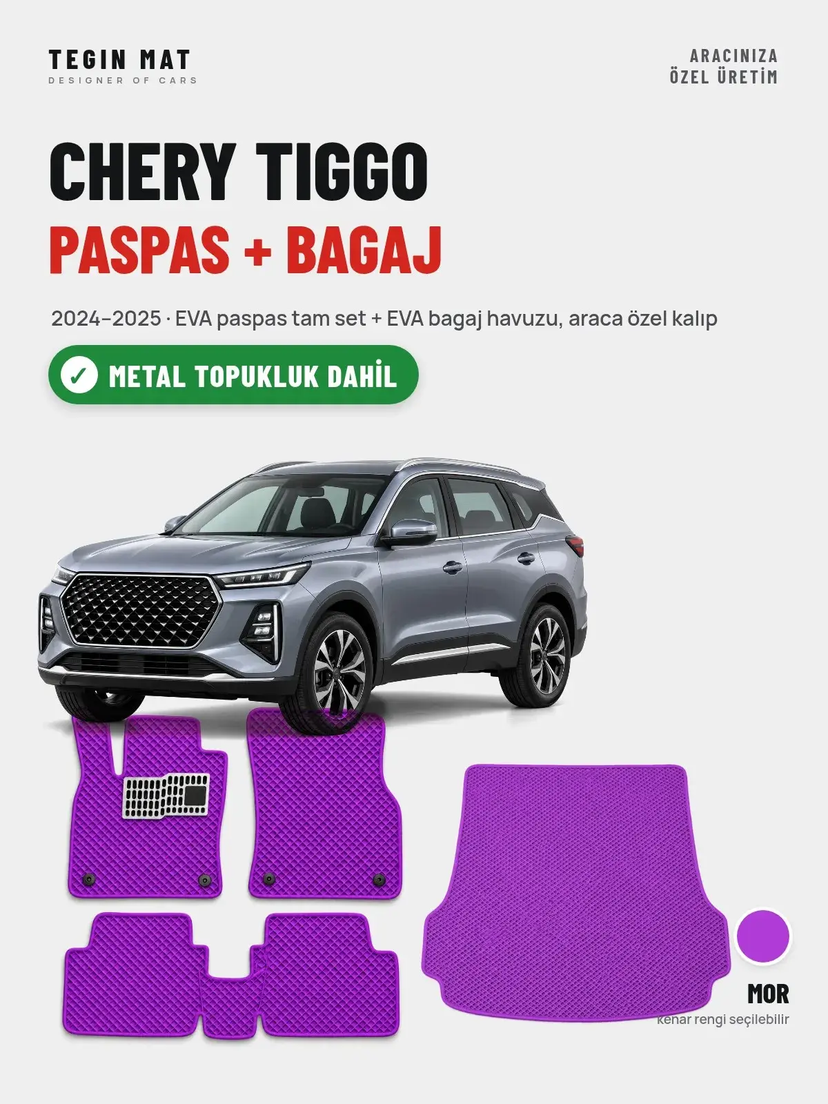 Chery Tiggo EVA Paspas + Bagaj Havuzu Seti (2024–2025) Mor – Metal Topukluk Dahil (1)