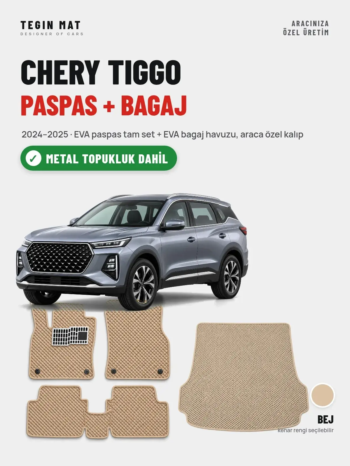 Chery Tiggo EVA Paspas + Bagaj Havuzu Seti (2024–2025) Bej – Metal Topukluk Dahil (1)