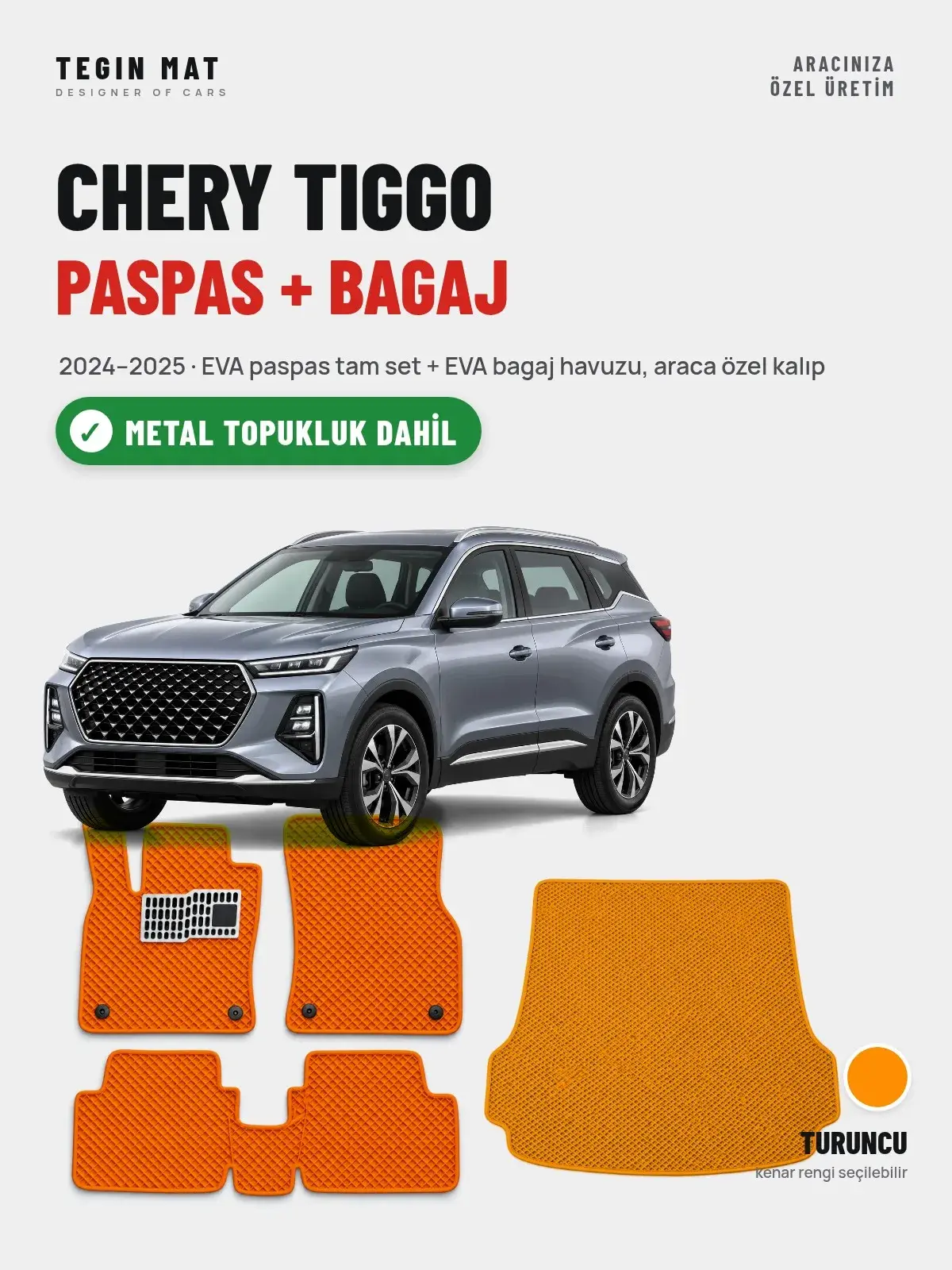 Chery Tiggo EVA Paspas + Bagaj Havuzu Seti (2024–2025) Turuncu – Metal Topukluk Dahil (1)