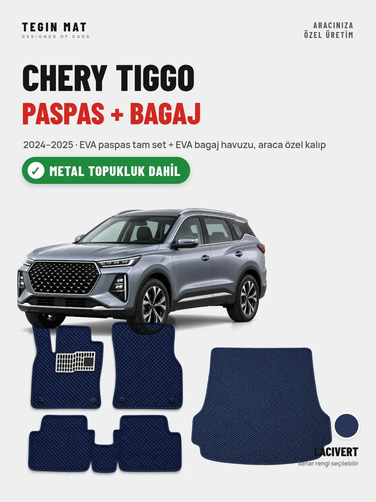 Chery Tiggo EVA Paspas + Bagaj Havuzu Seti (2024–2025) Lacivert – Metal Topukluk Dahil (1)