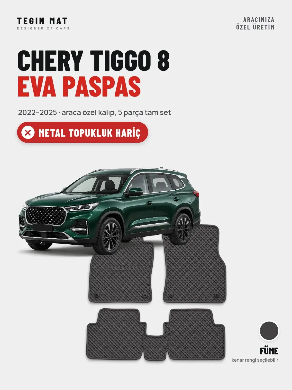 Chery Tiggo 8 EVA Oto Paspas Tam Set (2022–2025) Füme – Metal Topukluk Hariç (1)