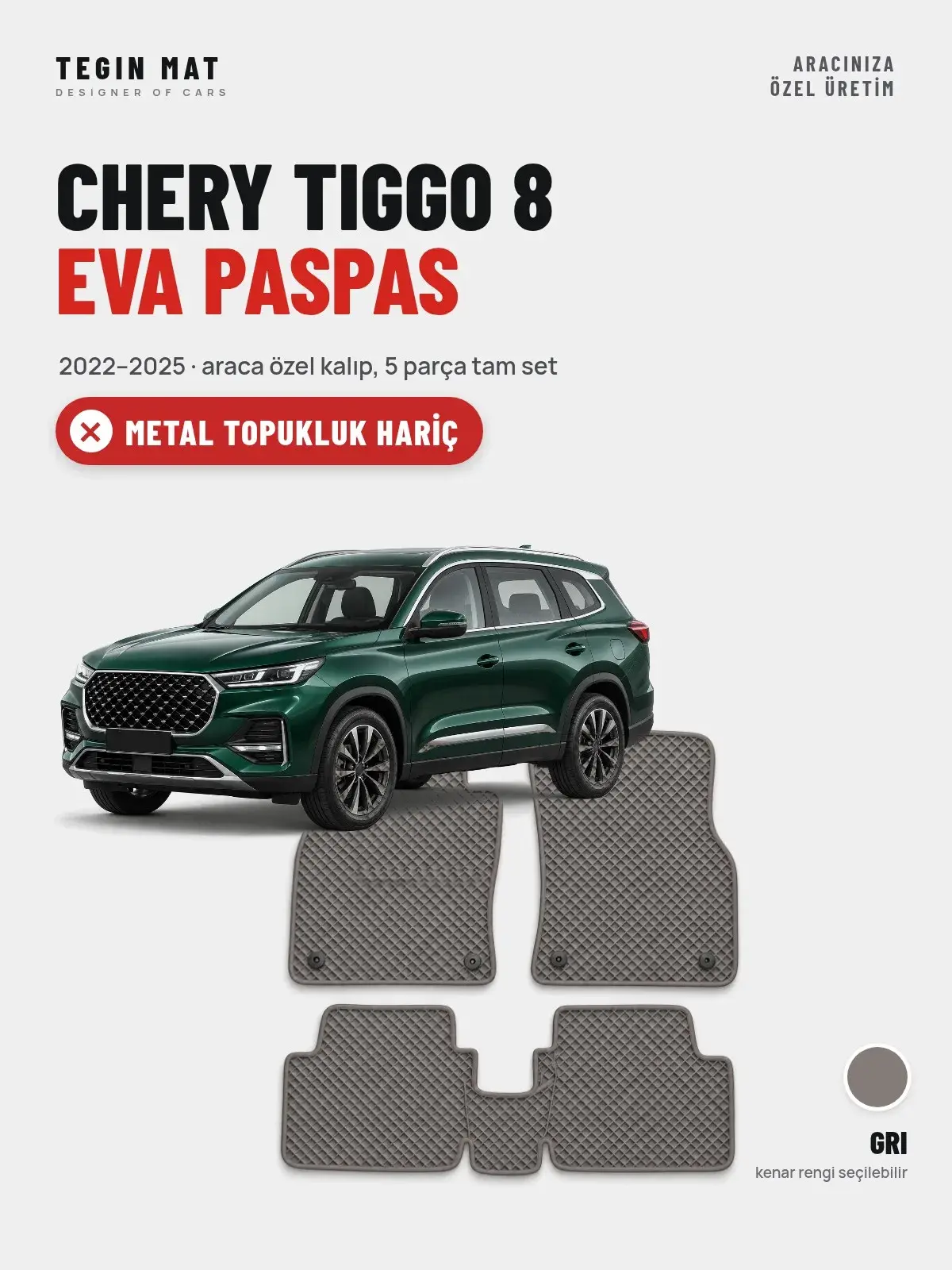 Chery Tiggo 8 EVA Oto Paspas Tam Set (2022–2025) Gri – Metal Topukluk Hariç (1)