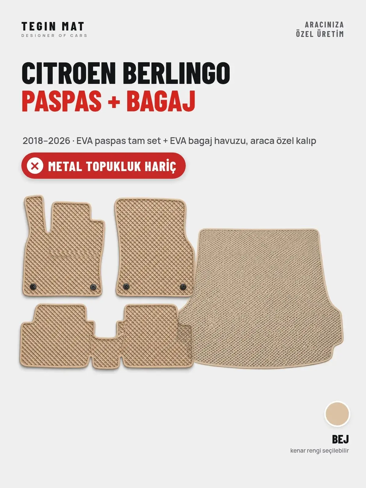 Citroen Berlingo EVA Paspas + Bagaj Havuzu Seti (2018–2026) Bej – Metal Topukluk Hariç (1)