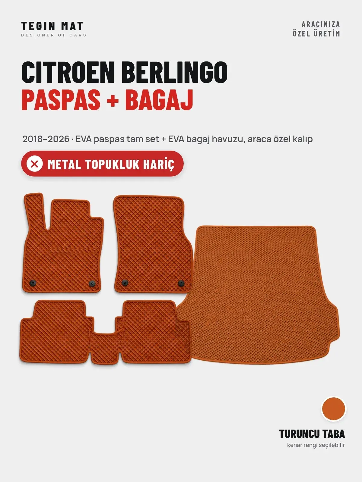 Citroen Berlingo EVA Paspas + Bagaj Havuzu Seti (2018–2026) Turuncu Taba – Metal Topukluk Hariç (1)
