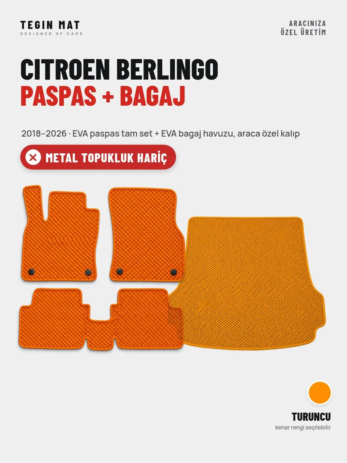 Citroen Berlingo EVA Paspas + Bagaj Havuzu Seti (2018–2026) Turuncu – Metal Topukluk Hariç (1)