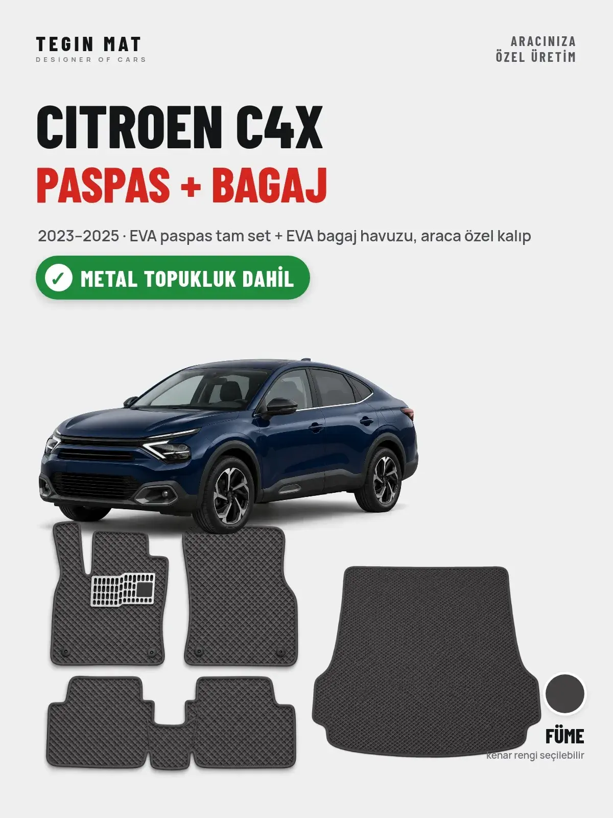 Citroen C4X EVA Paspas + Bagaj Havuzu Seti (2023–2025) Füme – Metal Topukluk Dahil (1)