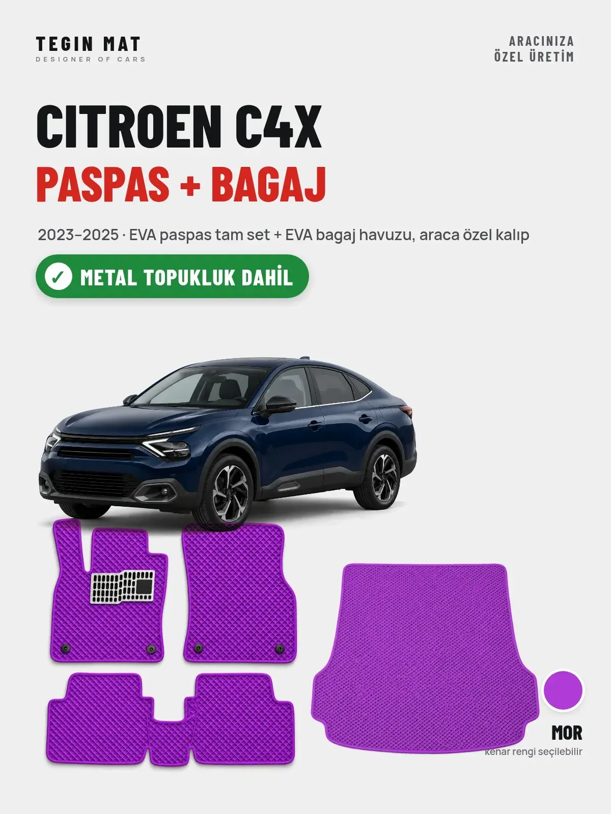 Citroen C4X EVA Paspas + Bagaj Havuzu Seti (2023–2025) Mor – Metal Topukluk Dahil (1)