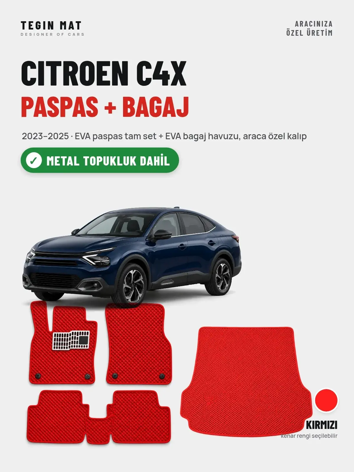 Citroen C4X EVA Paspas + Bagaj Havuzu Seti (2023–2025) Kırmızı – Metal Topukluk Dahil (1)
