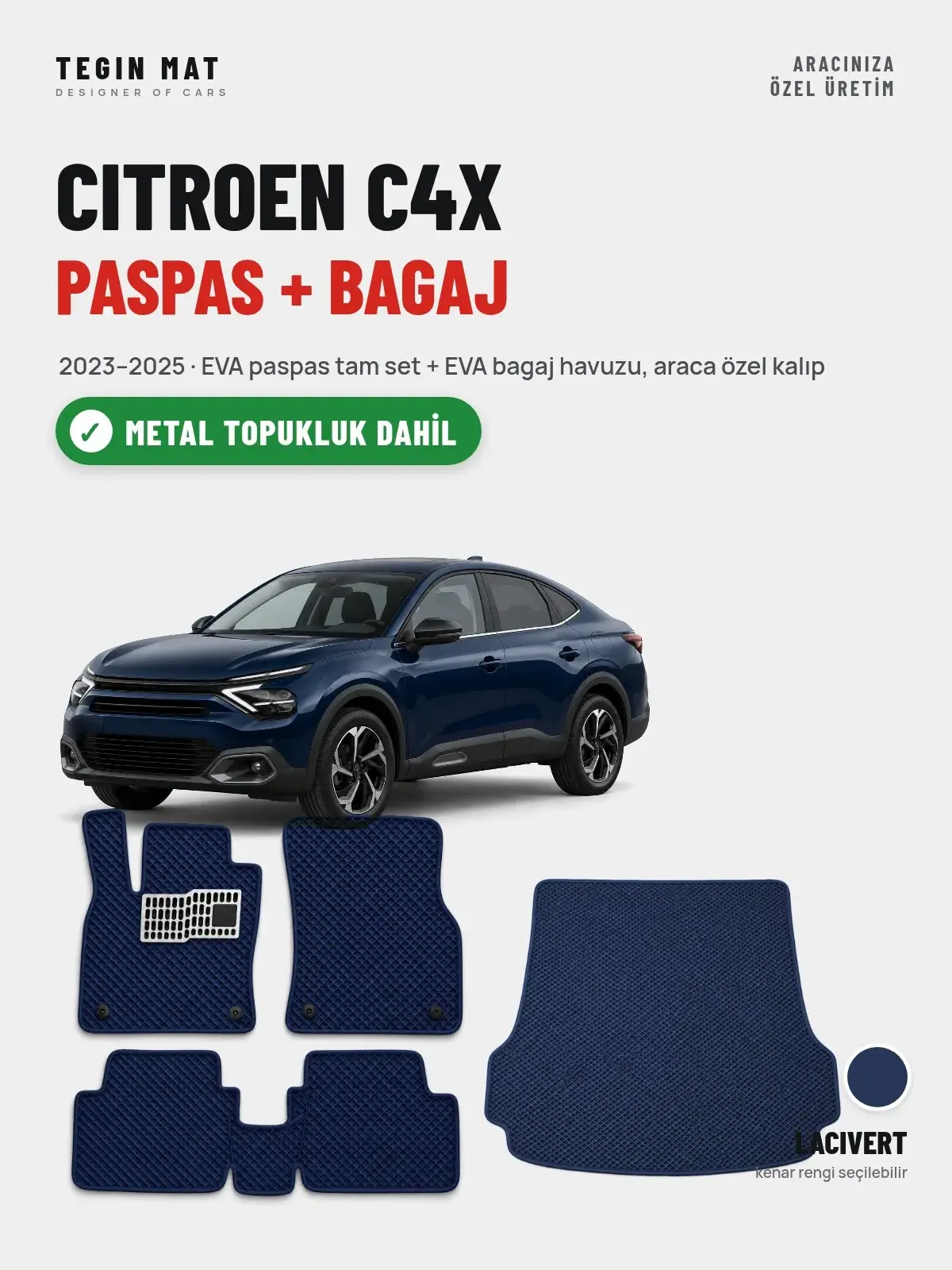 Citroen C4X EVA Paspas + Bagaj Havuzu Seti (2023–2025) Lacivert – Metal Topukluk Dahil (1)