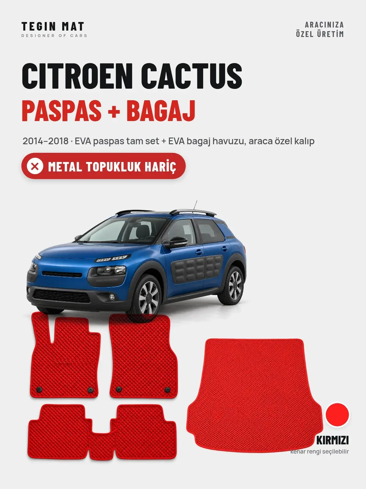 Citroen Cactus EVA Paspas + Bagaj Havuzu Seti (2014–2018) Kırmızı – Metal Topukluk Hariç (1)