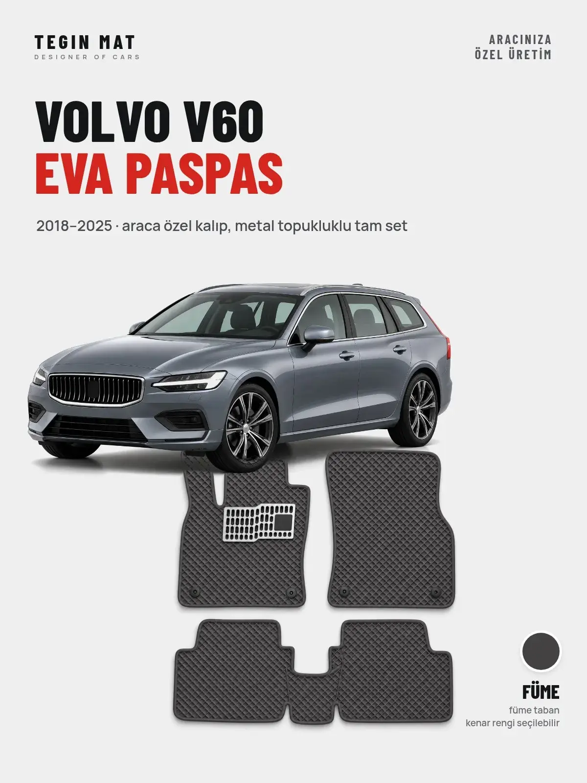 Volvo V60 EVA Oto Paspas Tam Set (2018–2025) Füme – Araca Özel Kalıp (1)